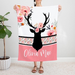 Baby Girl Deer Blanket, Pink Floral Deer Custom Name Blanket, Girl Deer Silhouette, Personalized Girl Blanket, Floral Deer Nursery Baby Girl