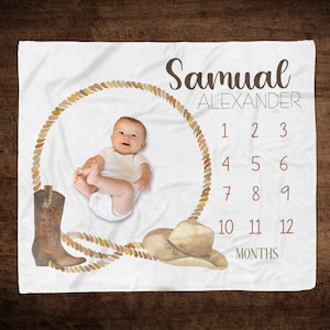 Cowboy Milestone Blanket, Custom Name Boy Milestone, Western Theme Milestone, Personalized Baby Boy Growth Blanket, Cowboy Boot Blanket