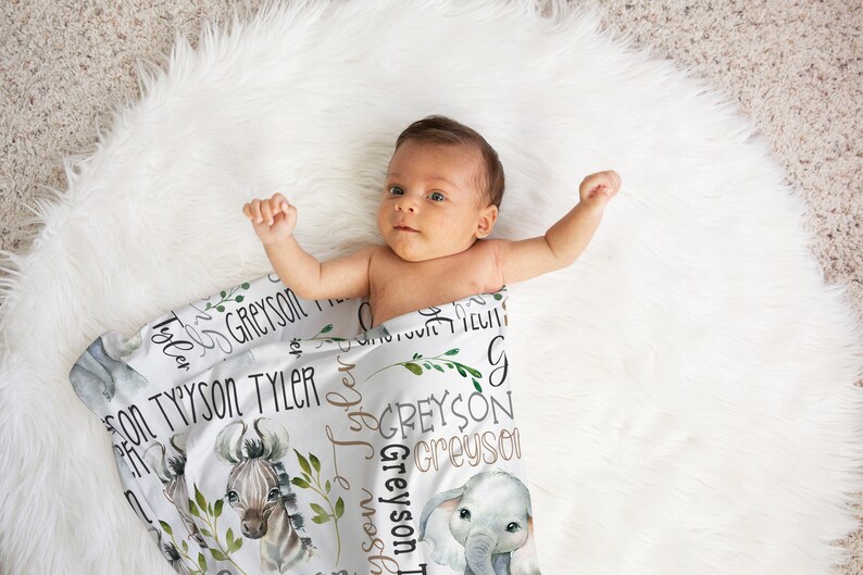 PERSONALIZED BABY BOY Blanket, Safari Name Blanket Baby Boy, Custom Boy Safari Animals Blanket, Baby Boy Gift, Custom Baby Animals Blanket zdjęcie 7