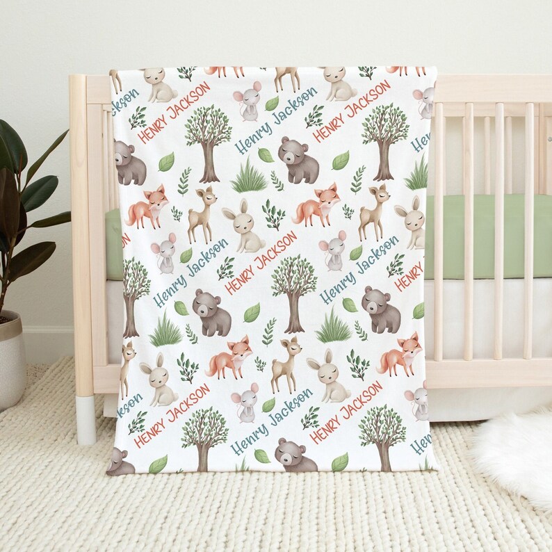 Woodland Animals Baby Boy Name Blanket Personalized Forest Etsy