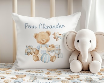 Personalized Baby Boy Crib Bedding Set, Teddy Bear Nursery Set, Custom Name Baby Bedding, Blue Vintage Nursery Decor, Baby Shower Gift