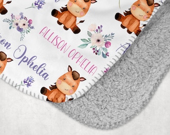 Baby Girl Personalized Horse Blanket, Floral Horse Blanket, Baby Shower Gift, Gift For Girl, Baby Girl Name Blanket, Pink Purple Flowers