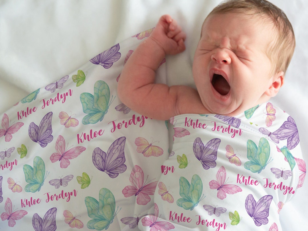 Pink Purple Butterfly Baby Name Blanket, Toddler Girl Butterfly Blanket