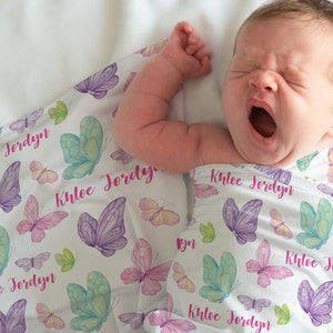 Pink Purple Butterfly Baby Name Blanket, Toddler Girl Butterfly Blanket, Personalized Girl Butterfly Swaddle Blanket, Custom Baby Blanket