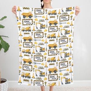 YELLOW CONSTRUCTION BLANKET Personalized Baby Boy Blanket, Toddler Boy Gift Dump Truck Excavator Construction Baby Blanket, Boy Name Blanket