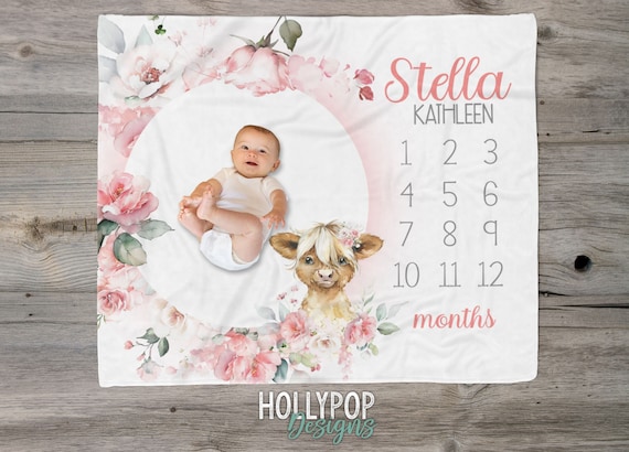Pink Floral Highland Cow Baby Milestone Blanket, Track Baby Growth, Photo Prop