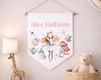 Personalized Alice in Wonderland Nursery Pennant, Storybook Name Banner