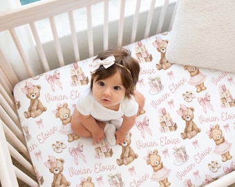 Personalized Baby Girl Crib Bedding, Pink Teddy Bear Nursery Set, Coquette Bow Baby Bedding, Custom Name Crib Sheet, Baby Shower Gift