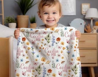 PERSONALIZED WILDFLOWER BABY Blanket, Custom Name Flower Blanket, Flowers Butterflies Blanket, New Mom Gift, Newborn Gift, Baby Shower Gift