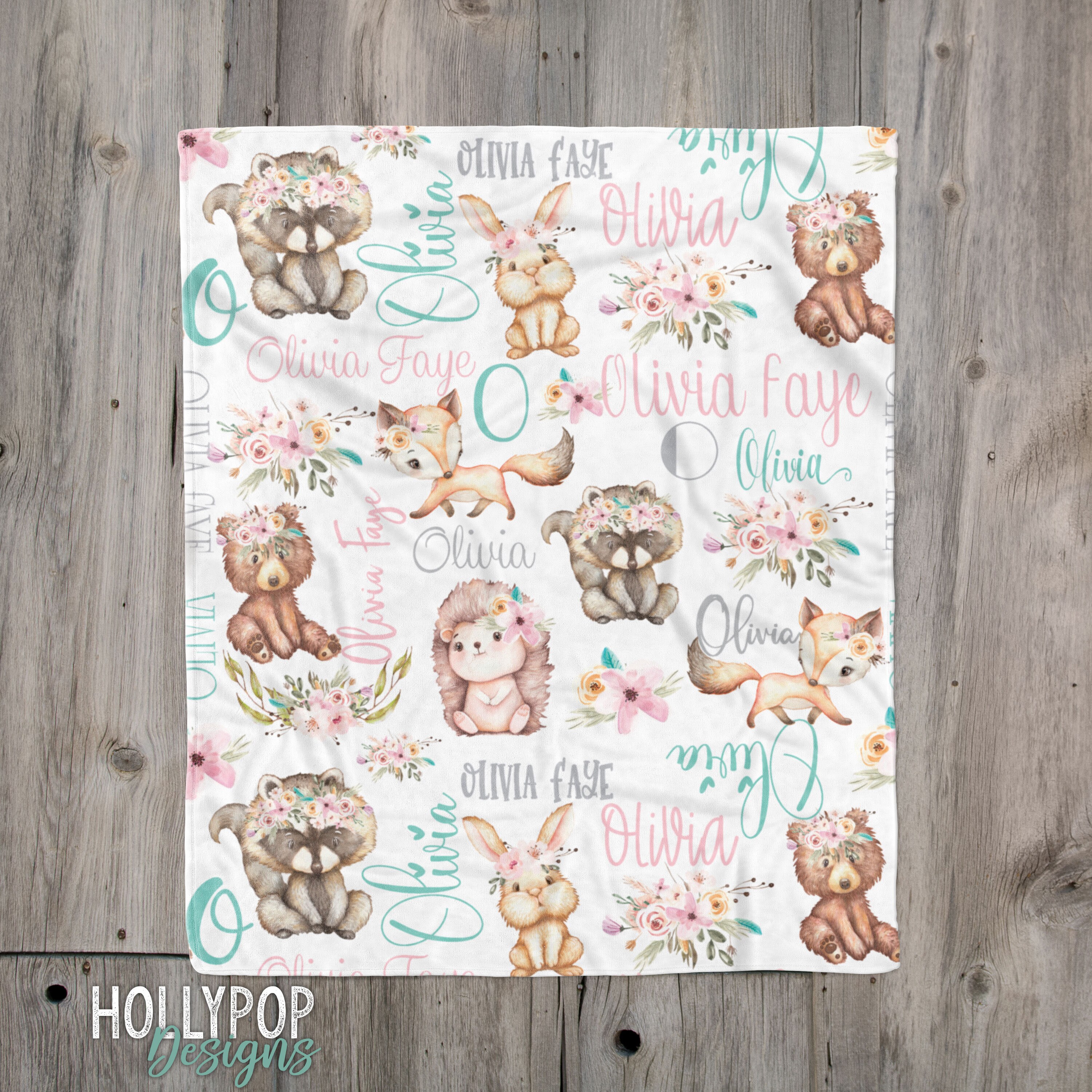Personalized Baby Girl Woodland Animals Name Blanket, Pink Aqua Girl …