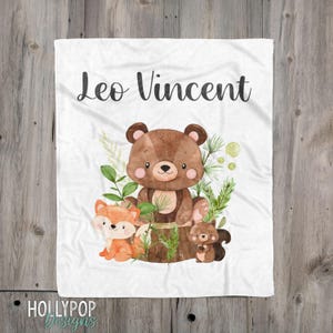 Woodland Animals Baby Name Blanket, Boy Woodland Blanket, Custom Name Blanket Baby Boy, Baby Shower Gift, Personalized Minky Baby Blanket