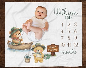 Personalized Baby Boy Milestone Blanket, Little Bear Fishing Theme, Infant Growth by Month
