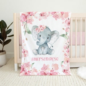 Floral Girl Elephant Blanket, Pink Flowers Baby Name Blanket, Elephant Kids Name Blanket, Sakura Cherry Blossoms, Personalized Baby Blanket