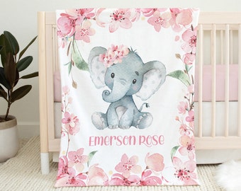 Floral Girl Elephant Blanket, Pink Flowers Baby Name Blanket, Elephant Kids Name Blanket, Sakura Cherry Blossoms, Personalized Baby Blanket