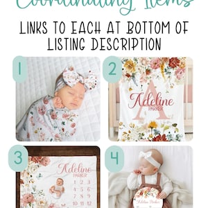 Pode incluir: Imagem mostrando itens de beb&ecirc; coordenados. Inclui um beb&ecirc; enrolado em um cobertor floral e usando uma faixa de cabe&ccedil;a combinando, um cobertor floral personalizado, um cobertor de marco mensal e um beb&ecirc; usando macac&atilde;o e segurando uma placa floral. O texto diz "Coordinating Items".
