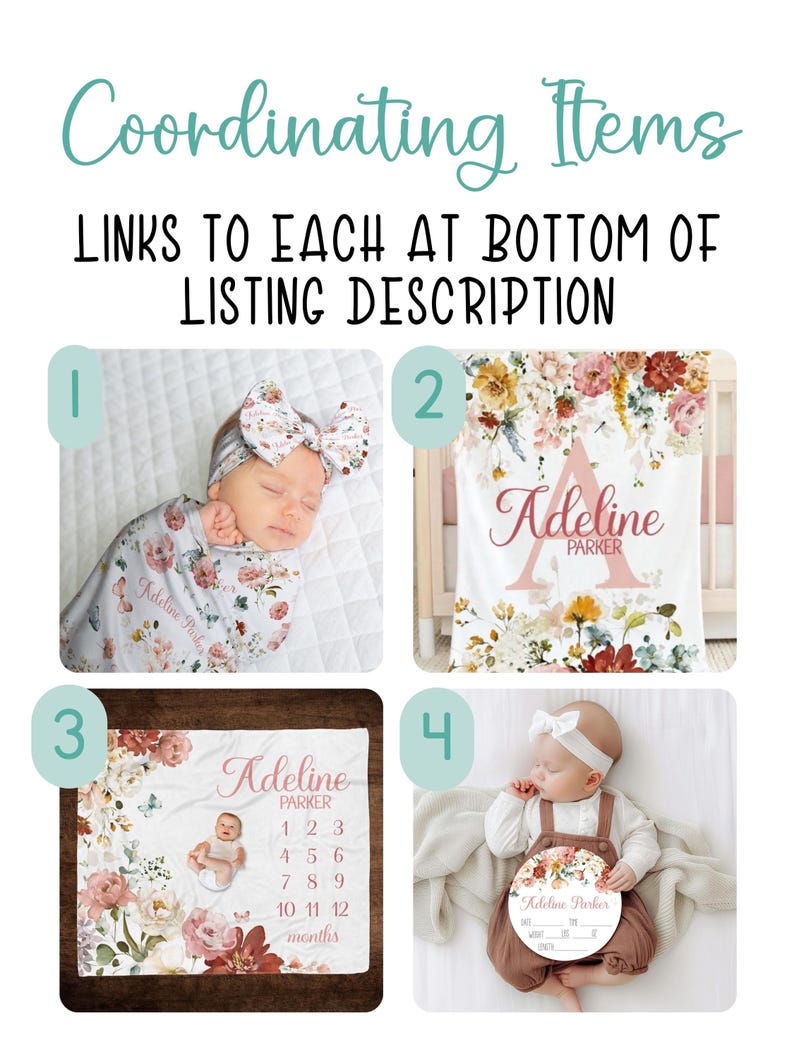 Pode incluir: Imagem mostrando itens de beb&ecirc; coordenados. Inclui um beb&ecirc; enrolado em um cobertor floral e usando uma faixa de cabe&ccedil;a combinando, um cobertor floral personalizado, um cobertor de marco mensal e um beb&ecirc; usando macac&atilde;o e segurando uma placa floral. O texto diz "Coordinating Items".