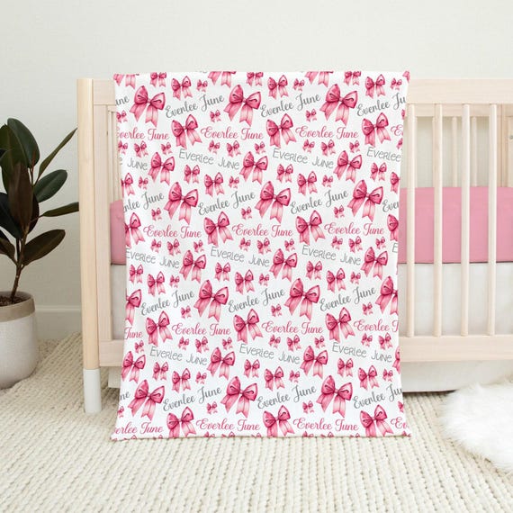 PINK BOW BLANKET, Personalized Baby Girl Bow Blanket, Girl Name Blanket with Pink Bows, Newborn Girl Blanket, Kids Name Blanket Pink Bows
