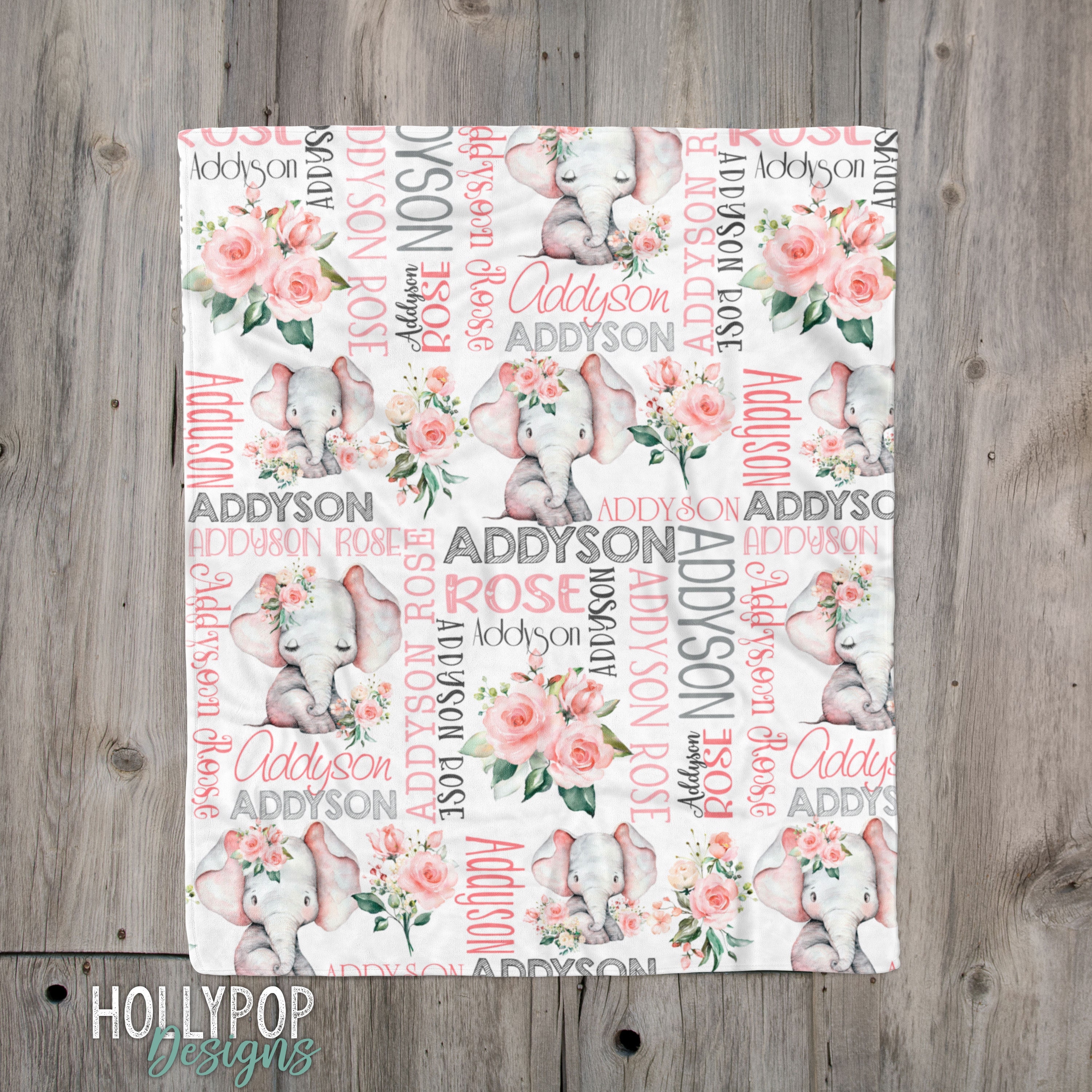 Floral Rose Elephant Baby Name Blanket, Baby Girl Pink Elephant Blank…