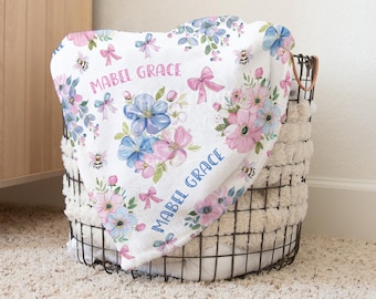 Personalized Baby Girl Blanket, Floral Name Blanket with Pink Bows & Blue Flowers, Custom Nursery Blanket, Vintage Style Baby Girl Gift