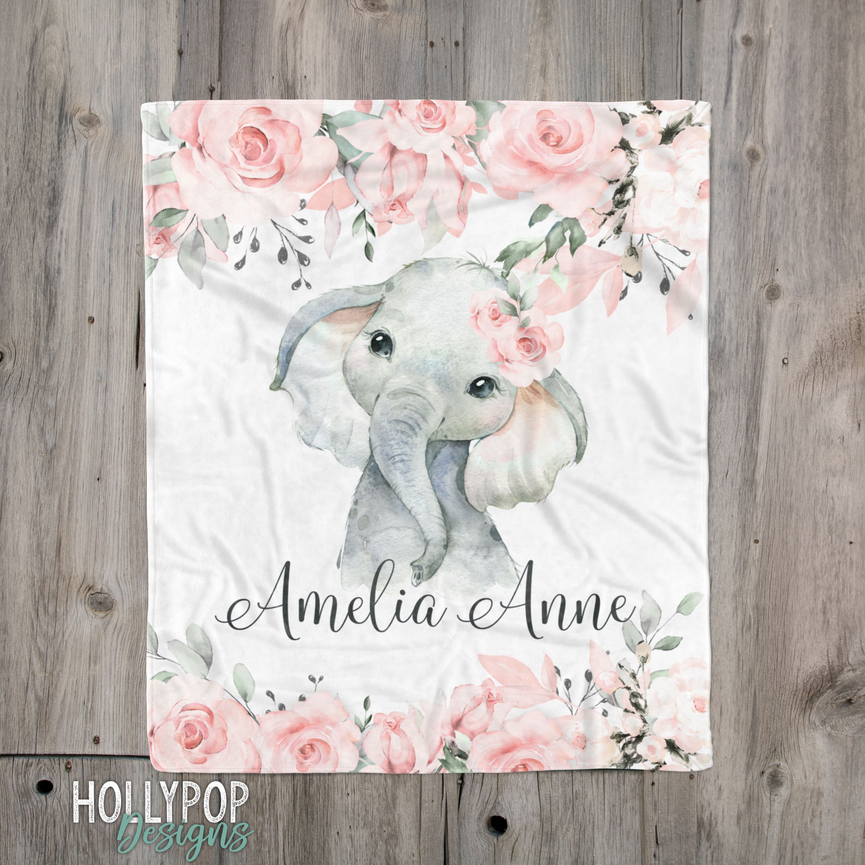 Personalized Baby Name Blanket, Pink Floral Elephant Blanket, Baby Gi…