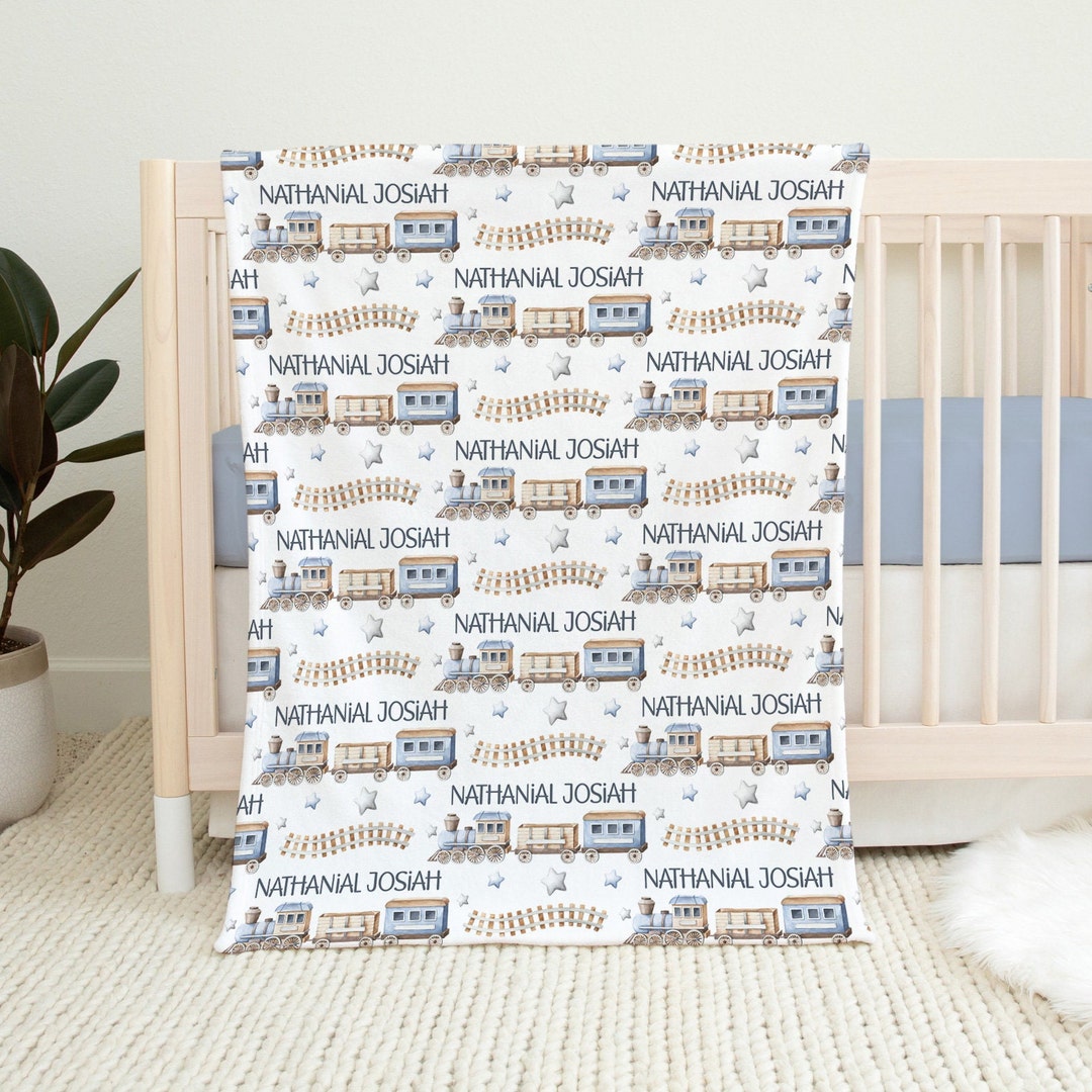 Baby Boy Train Blanket, Blue Train Baby Blanket, Personalized Train