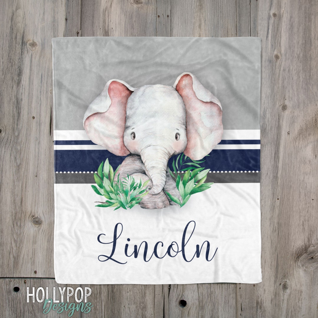 Baby Boy Elephant Blanket, Personalized Baby Name Blanket, Blue Gray
