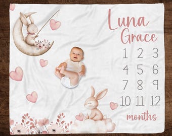 BUNNY IN SKY Milestone Blanket, Pink Floral Bunny Moon Blanket, Baby Girl Growth Blanket, Baby Month Photo Blanket, Bunny Baby Shower Gift