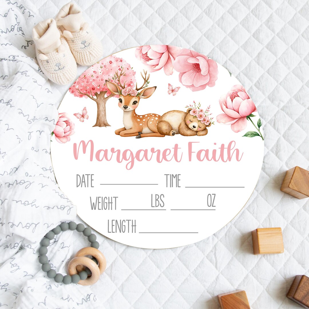 PINK FLORAL CUSTOM Baby Birth Stats Sign, Pink Woodland Animals Baby ...
