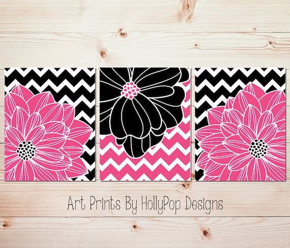 Hot Pink Black Wall Art Tween Bedroom Wall Decor Teen Girls Room Art Modern Chevron Floral Burst Dahlia Art Prints Bathroom Wall Decor 1065