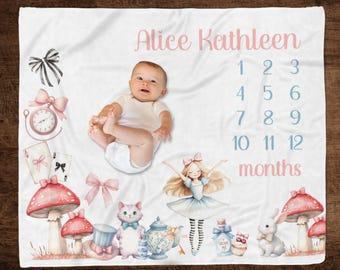 Personalized Alice in Wonderland Baby Milestone Blanket, Track Baby Growth