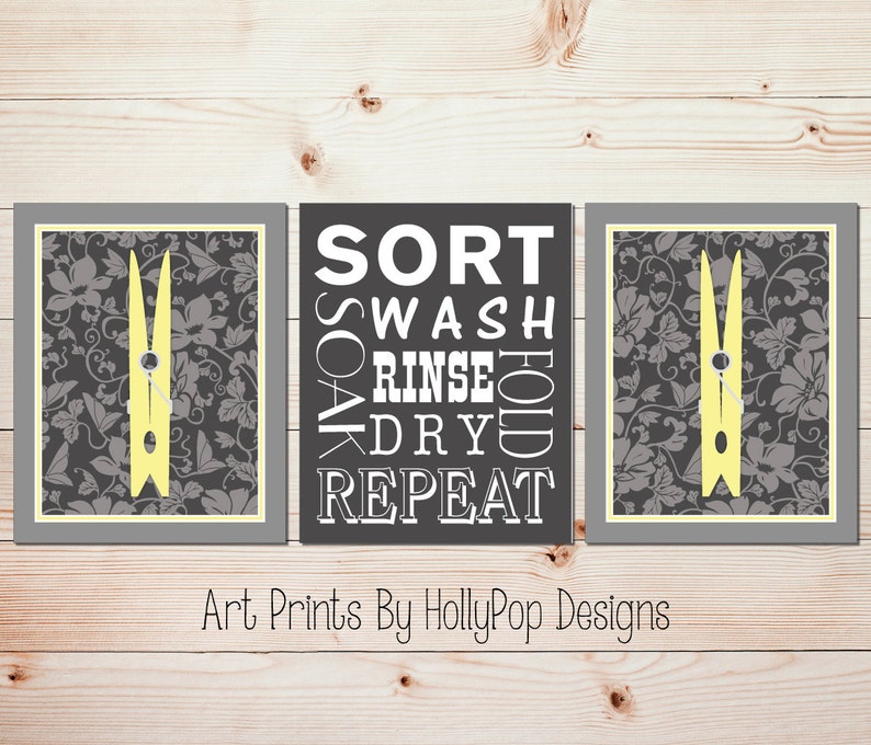 Yellow Gray Laundry Room Art Clothespin Wall Decor Wash Dry