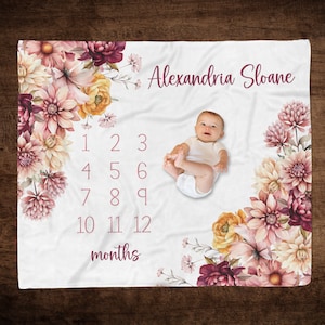 PERSONALIZED FLORAL Baby Girl Milestone Blanket, Watercolor Flowers Milestone, Baby Month Blanket, Month to Month Baby Photo Blanket Flowers