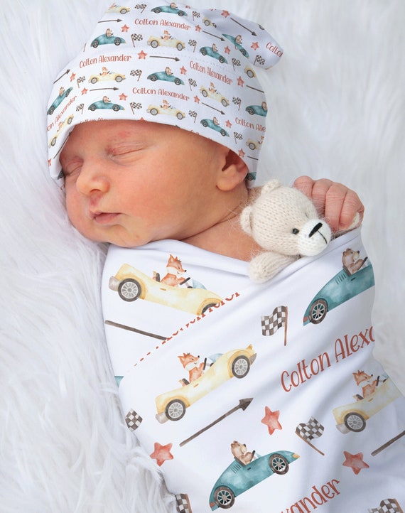 Personalized baby boy swaddle and hat sale