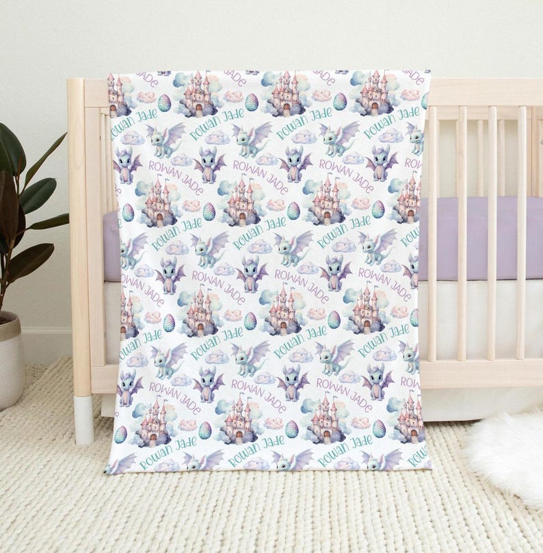 BABY GIRL DRAGON blanket, Personalized Dragon Baby Blanket, Toddler Girl Dragon Gift, Dragon Gift for Girl, Dragon Nursery Minky Blanket image 2