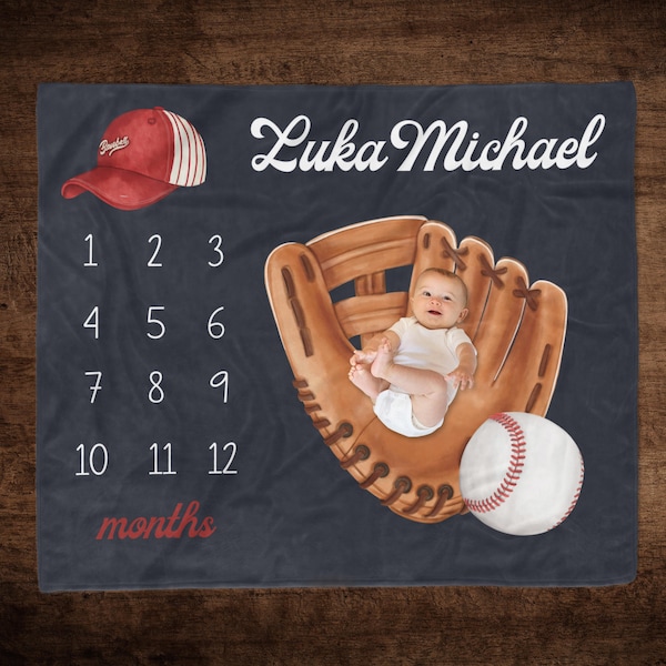 Baseball Baby Boy Milestone Blanket, Personalized Baseball Milestone, Track Monthly Growth Baseball Mitt Blanket, Baseball Newborn Gift