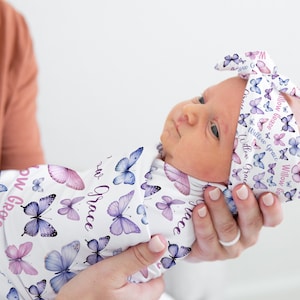 PERSONALIZED BUTTERFLY SWADDLE, Baby Girl Swaddle Set Butterflies, Butterfly Swaddle Blanket, Knotted Hat Infant Headband, Girl Name Swaddle