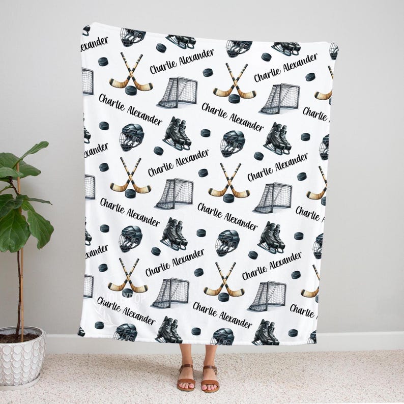 PERSONALIZED ICE HOCKEY Blanket, Baby Boy Hockey Blanket, Hockey Stick Puck Blanket, Custom Toddler Boy Name Blanket, Hockey Theme Nursery bild 4