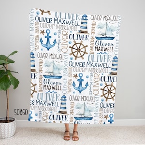 Baby Boy Personalized Nautical Blanket, Sailboat Anchor Baby Blanket, Custom Name Baby Boy Gift, Nautical Swaddle Blanket, Nautical Minky afbeelding 6