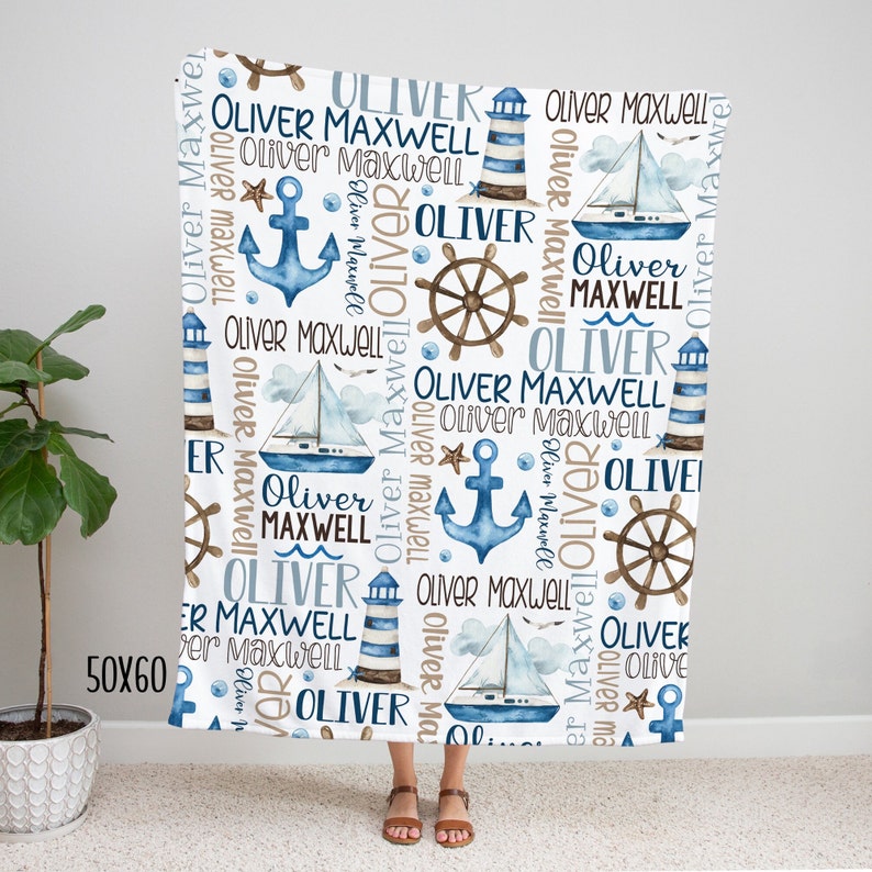 Baby Boy Personalized Nautical Blanket, Sailboat Anchor Baby Blanket, Custom Name Baby Boy Gift, Nautical Swaddle Blanket, Nautical Minky afbeelding 6