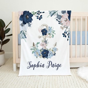 Baby Girl Blue Floral Blanket, Personalized Floral Anchor Blanket, Custom Girl Floral Nautical Blanket, Floral Newborn Girl Name Blanket