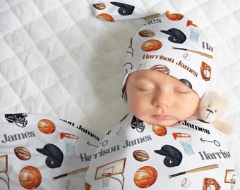 Custom Sports Baby Swaddle Blanket, Hat Option, Personalized Infant Boy Minky Sports Theme