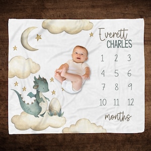 Personalized Baby Boy Dragon Milestone Blanket, Baby Boy Dragon Blanket, Monthly Growth Blanket, Baby Growth, Baby Shower Gift, Newborn Boy