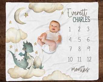 Personalized Baby Boy Dragon Milestone Blanket, Baby Boy Dragon Blanket, Monthly Growth Blanket, Baby Growth, Baby Shower Gift, Newborn Boy