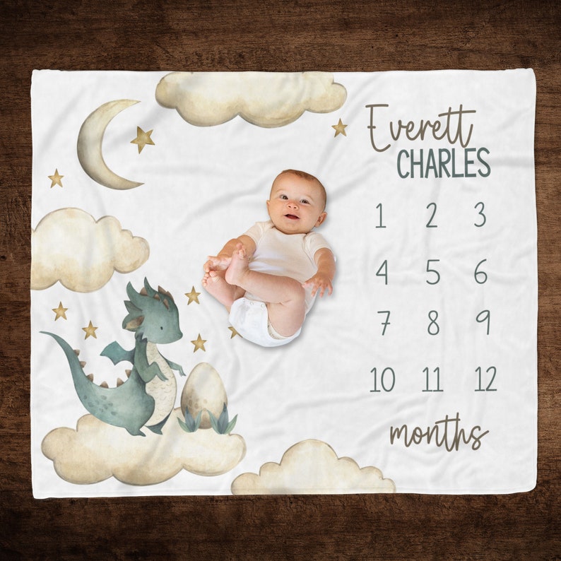 Personalized Baby Boy Dragon Milestone Blanket, Baby Boy Dragon Blanket, Monthly Growth Blanket, Baby Growth, Baby Shower Gift, Newborn Boy image 1