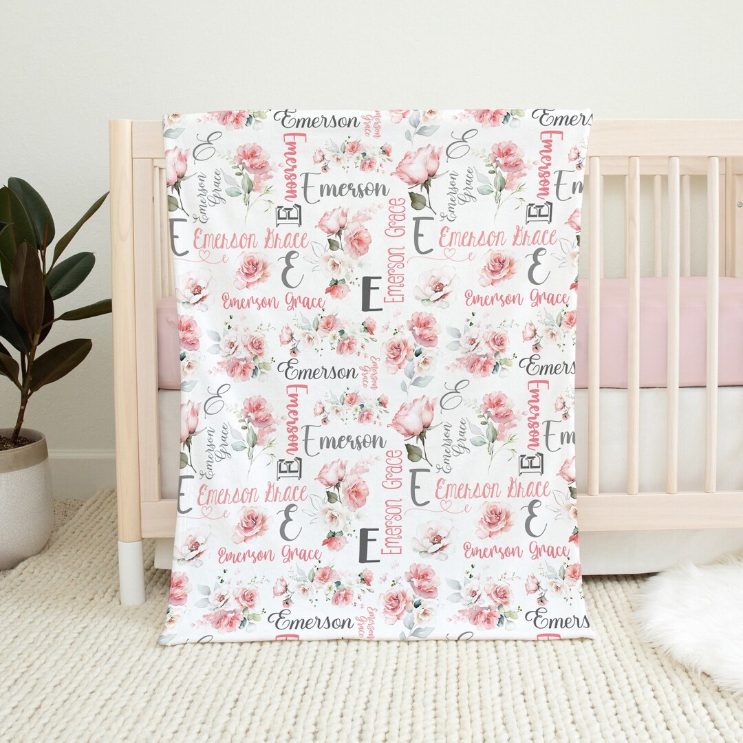 Pink Floral Baby Name Blanket Baby Girl Personalized Blanket Etsy