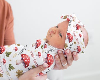 MUSHROOM BABY GIRL Swaddle Blanket, Red Mushroom Baby Blanket, Baby Name Blanket Mushrooms, Gender Neutral Baby Gift, Mushroom Baby Blanket,