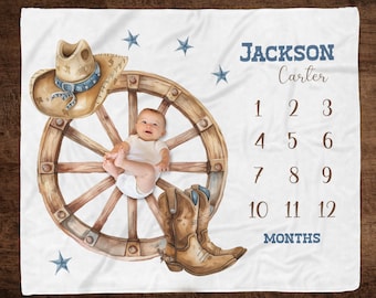 COWBOY MILESTONE BLANKET Baby Boy Western Growth Blanket, Baby Month Blanket Cowboy Boots Hat, Personalized Cowboy Baby Gift Custom Keepsake