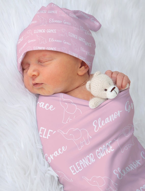 Newborn Girl Pink Elephant Swaddle Set Personalized Pink Swaddle Blanket Newborn Knotted Beanie Hat Infant Girl Name Headband Baby Gift Etsy Canada