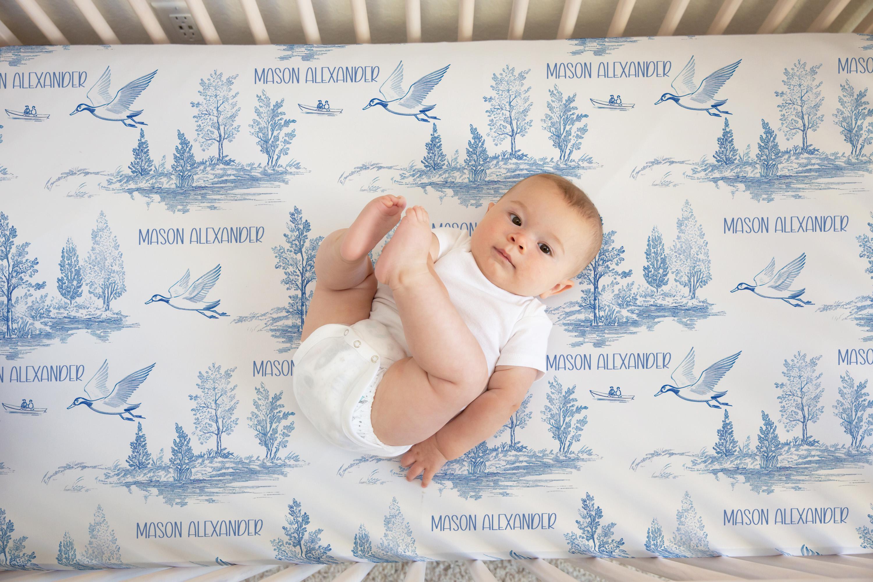 BABY BOY BLUE Toile Crib Sheet, Duck Toile Baby Nursery Items, Hunting Fishing Theme Baby, Baby Boy Toile Nursery Crib Sheets Changing Pad
