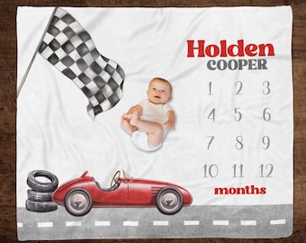 RED RACECAR MILESTONE Blanket, Personalized Racing Milestone Baby Blanket, Race Car Baby Month Blanket, Car Baby Boy Gift, Baby Shower Gift
